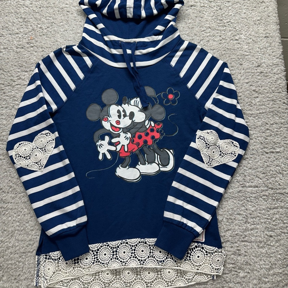 Disney Kids Navy and White Striped Hoodie with Mickey and Minnie Design